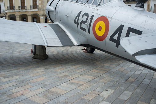 Caceres, Spain - May 27th, 2021: North American Aviation T-6 Texan. Spanish military aviation exhibition. Caceres main square, Spain