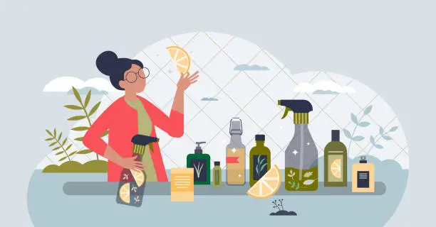 Vector illustration of Natural cleaning products from organic bio ingredients tiny person concept