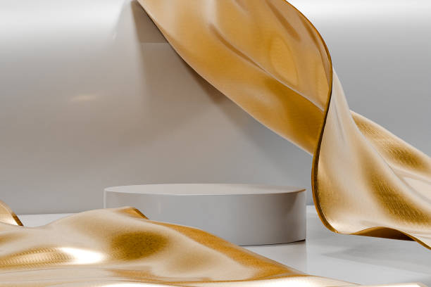 istock White podium scene with golden fabric folds 2080720060