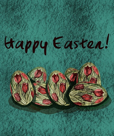 Illustration of Easter eggs with tulips with the text,, Happy Easter,,.