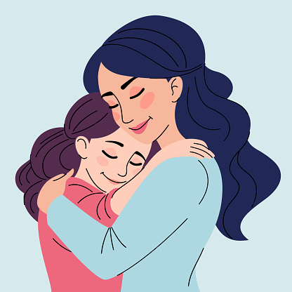 Mom hugs her daughter.Mother's day card.Family, parents,love.Flat isolated vector illustration