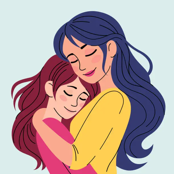 Vector illustration of Mom hugs her daughter.Mother's day card.Family, parents,love.Flat isolated vector illustration