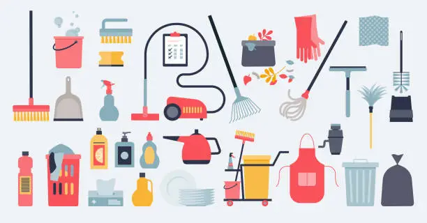 Vector illustration of Cleaning objects and washing equipment for household hygiene collection set