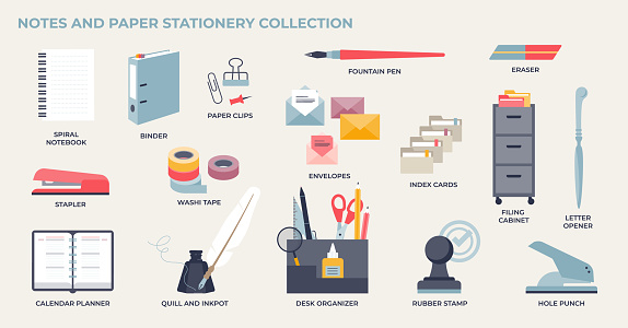 Notes and paper stationery for office and workspace tiny collection set. Labeled elements with spiral notebook, binder, paper clips and desk organizer vector illustration. Office items for work.