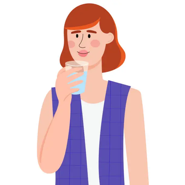 Vector illustration of Woman drinking water from a glass,holding it in her hands.Time to hydrate. Healthy lifestyle.