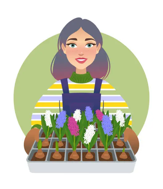 Vector illustration of Young woman gardener
