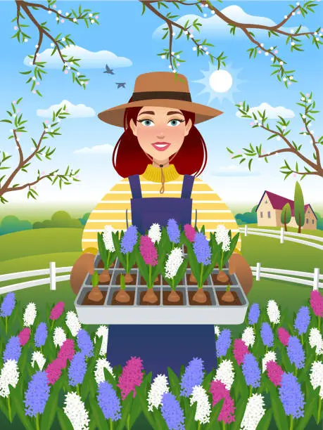 Vector illustration of Young woman in the garden