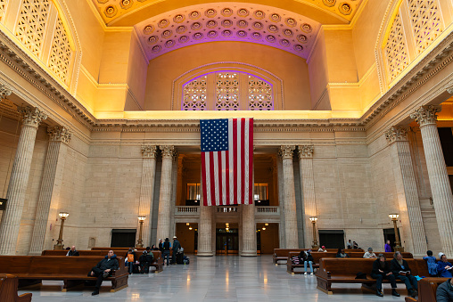 Chicago, Illinois - United States - March 11th, 2024: Interior of the Great Hall at Union Station in Chicago, Illinois, USA.