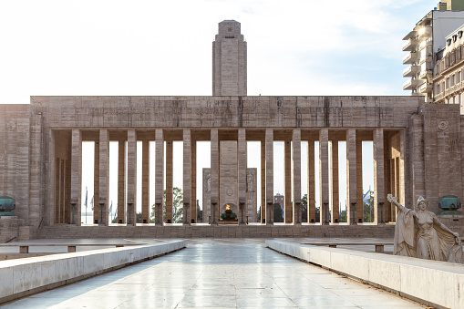 Rosario, Santa Fe, Argentina - March 12, 2021: National Flag Monument located in the downtown of Rosario city. Back view of main tower and the Triumphal Propylaea.