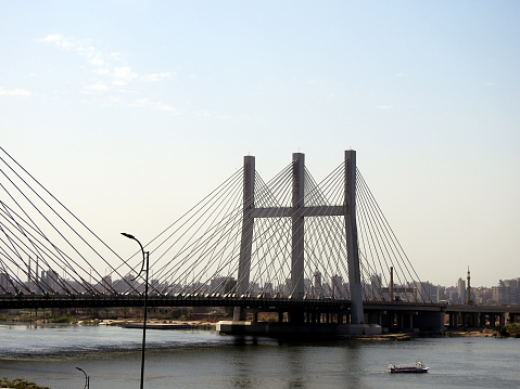 Cairo, Egypt, March 9 2023: The Rod El Farag Axis Tahya Misr Masr Bridge, the world's widest cable-stayed bridge according to the Guinness World Record, built by the Arab contractors Osman Ahmad Osman, selective focus
