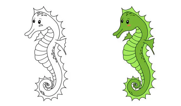 Vector illustration of Coloring page with cartoon seahorse