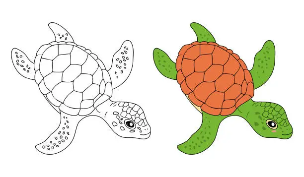 Vector illustration of Coloring page with cartoon turtle