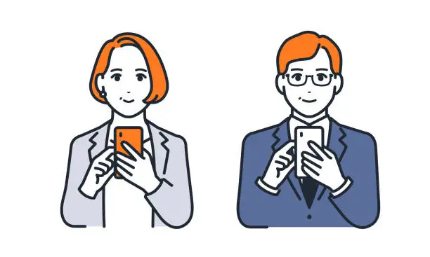 Vector illustration of Simple vector illustration set of middle-aged men and women operating smartphones with smiles