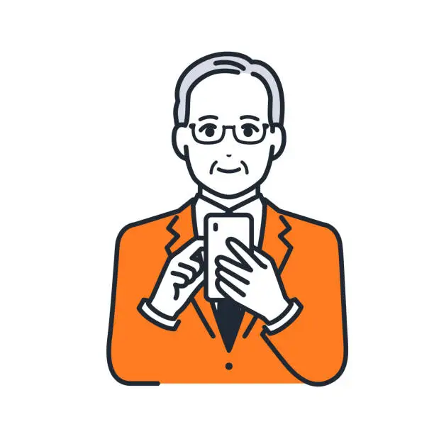 Vector illustration of A simple vector illustration material of a president operating a smartphone with a smile