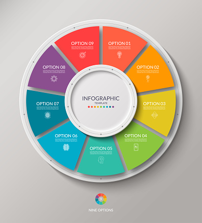 Vector infographic circle. Cycle diagram with 9 options. Round chart that can be used for report, business analytics, data visualization, presentation, brochure.