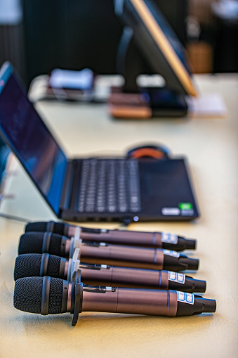 Quality singing microphones neatly arranged on the table