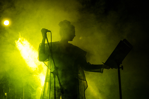 Musical performance. Young male rock singer performing on stage and playing the guitar