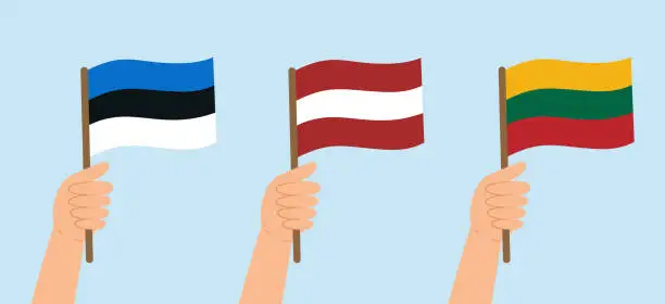Vector illustration of Hands holding flags of Baltic countries (Estonia, Latvia, Lithuania). Vector illustration in flat style.