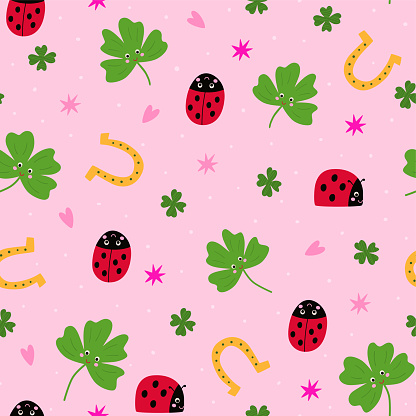 Good luck seamless pattern with clover leaves, ladybug, horseshoe on pink background. Cute St Patrick vector print wallpaper, textile design, wrapping paper. Funny childish lucky elements illustration