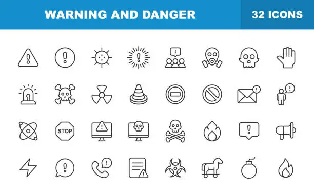 Vector illustration of Warning and Danger Line Icons. Editable Stroke. Contains such icons as Warning Sign, Danger, Alert, Accident, Caution, Stop, Communication, Virus, Hacker, Thief, Biohazard, Protection, Error.