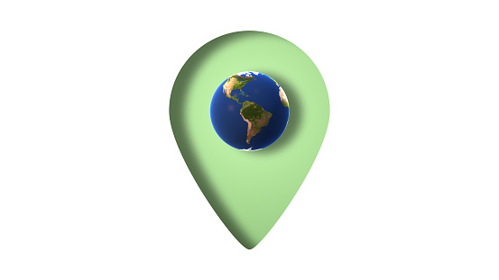 Concept of navigation and global positioning with this stock image featuring an Earth globe within a GPS location icon cutout. The integration of the Earth globe and the GPS symbol offers a visually engaging representation of location and direction, ideal for various design and informational projects.\n\nThe Earth maps used in the image are from following website:\nhttps://www.solarsystemscope.com/textures/