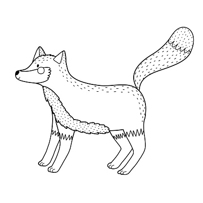 Cute black and white fox in a standing position. Forest character in outline for coloring. Woodland animal isolated kids graphic element. Vector illustration