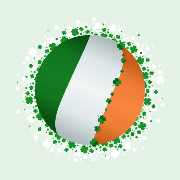 Vector illustration of Ireland flag in circle with clovers around