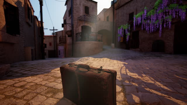 A suitcase sitting on a cobblestone street