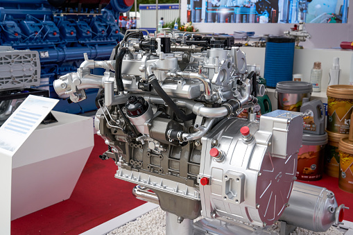 Close-up of a new complex automotive internal combustion engine