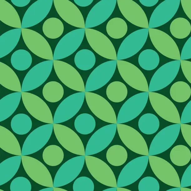 Vector illustration of Mid century dots on lime green and mint green circles seamless pattern on dark background.