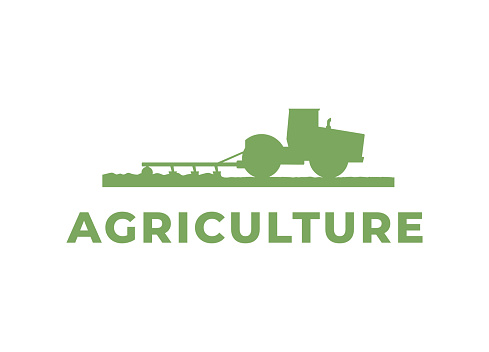 Agriculture farming logo, emblem. Farm vehicles and machinery works on field. Harvester, tractor, seeder, plow. Agricultural farming equipment tillaging farmland. Isolated flat vector illustration.