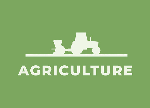 Agriculture farming logo, emblem. Farm vehicles and machinery works on field. Harvester, tractor, seeder, plow. Agricultural farming equipment tillaging farmland. Isolated flat vector illustration.