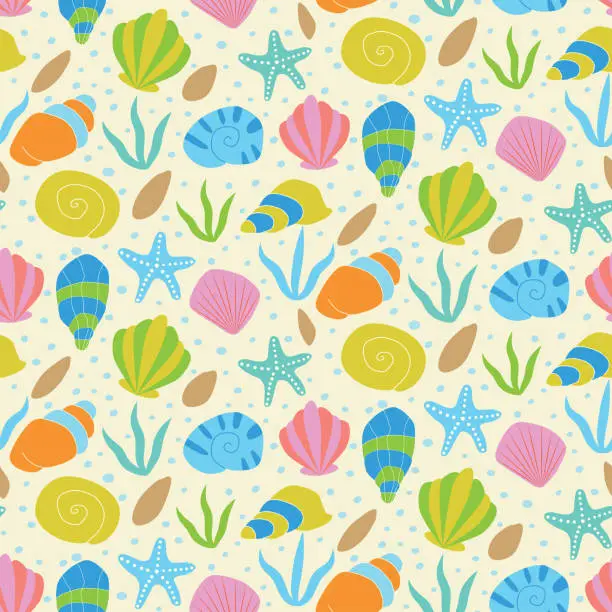 Vector illustration of colorful  hand drawn seashells and starfish, stones, sea plants and little bubbles seamless pattern on light yellow background.