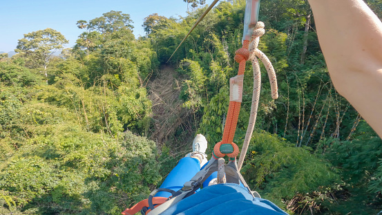 In the heart of the lush jungle canopy in Laos, a young woman embarks on an exhilarating adventure, zip lining through the verdant foliage. Suspended from a sturdy cable, she gracefully glides through the emerald treetops, her laughter echoing amidst the rustling leaves and the distant calls of exotic birds. With each thrilling descent, she embraces the rush of adrenaline, her spirit soaring in harmony with the untouched wilderness surrounding her. Against the backdrop of towering trees and cascading waterfalls, she embraces the freedom and serenity of this immersive jungle experience, a fleeting moment of pure joy captured amidst the untamed beauty of nature.