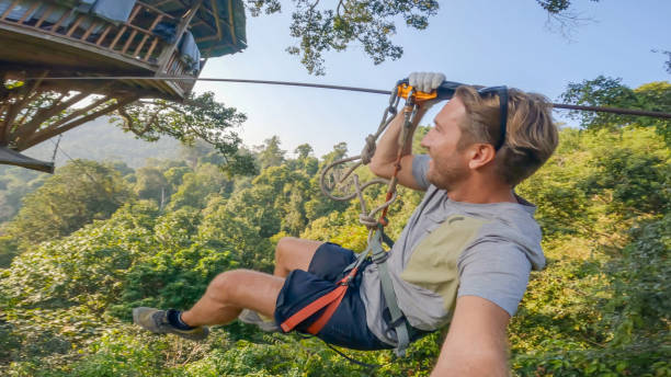 istock Adventurous male takes a selfie while zip lining over a tropical rainforest 2080910492