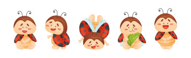 Vector illustration of Cute Happy Ladybug with Spotted Wings Vector Set