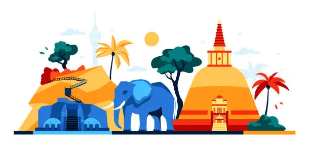 Vector illustration of Antiquities and features of Sri Lanka - modern colored vector illustration