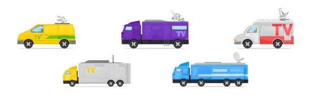 Vector illustration of Broadcasting Car with Satellite Antenna for Reporting News Vector Set