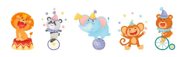 Vector illustration of Circus Animal Characters Performing Trick Vector Set
