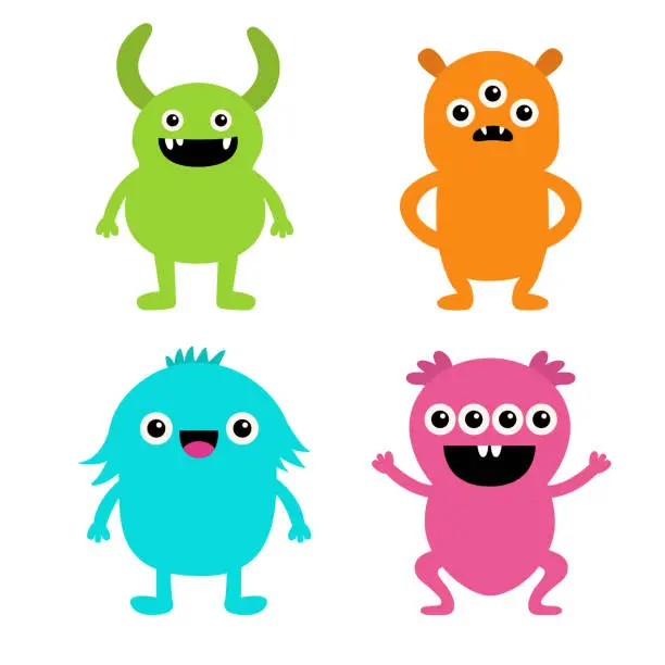 Vector illustration of Cute monster set. Happy Halloween. Colorful monsters with different emotions. Cartoon kawaii boo baby character. Funny face head. Childish collection. White background. Flat design.