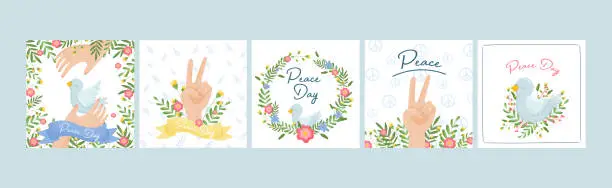 Vector illustration of Peace Day Card with Pigeon, Floral Wreath and Hand Vector Set