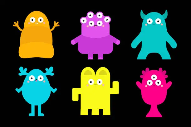 Vector illustration of Monster set. Happy Halloween. Cute face head. Six colorful monsters. Cartoon kawaii scary funny character. Baby collection. Different emotion. T-shirt design. Black background. Flat design.