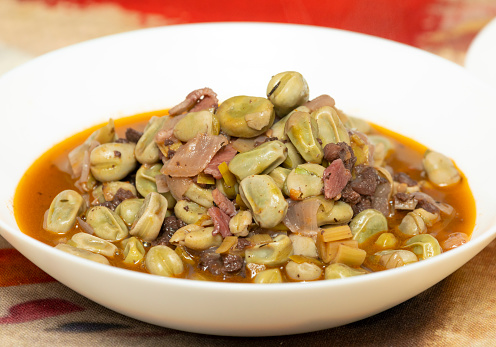 Broad bean, fava bean, or faba bean with bacon