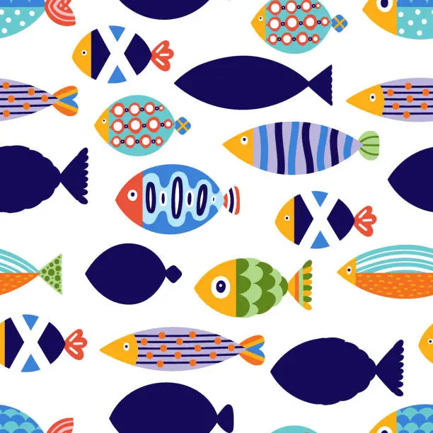 Vector illustration of Cute fish. Kids background. Seamless pattern.
