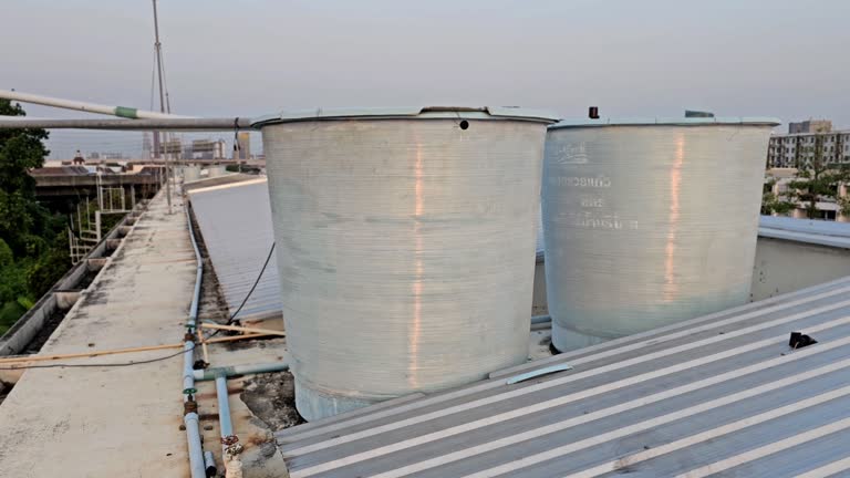 Blue water tank of industrial building on roof top