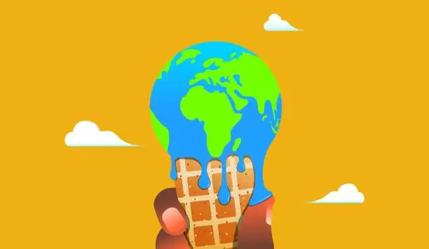 Vector illustration of Hand holding ice cream in a shape of planet Earth