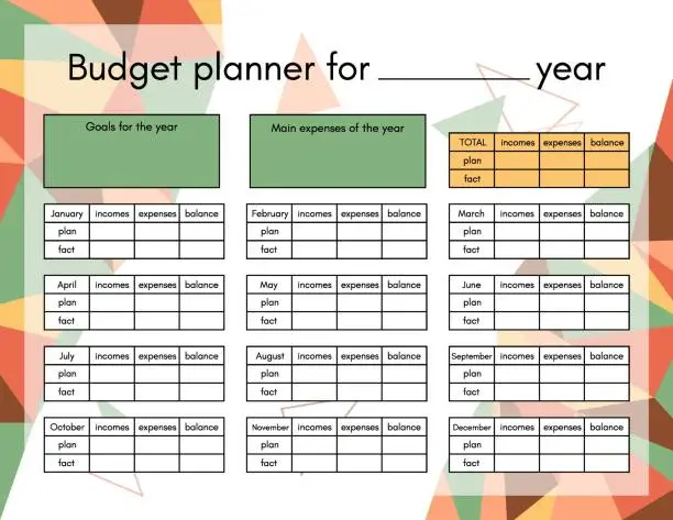 Vector illustration of Budget planner yearly template page. Financial plan of incomes, expenses and savings in year. Money accounting for family household or business. Vector printable blank worksheet in poly art style