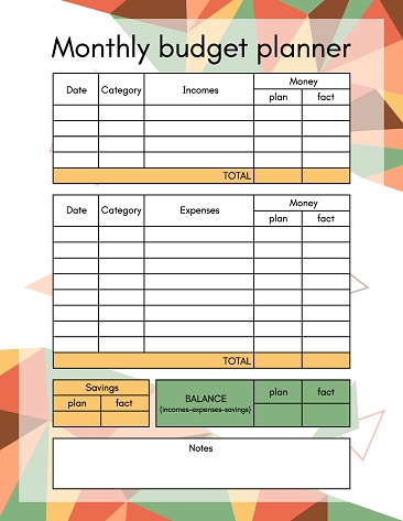 Budget planner monthly template page. Financial plan of incomes, expenses and savings in month. Money accounting for family household or business. Vector flat printable blank worksheet in poly art style.