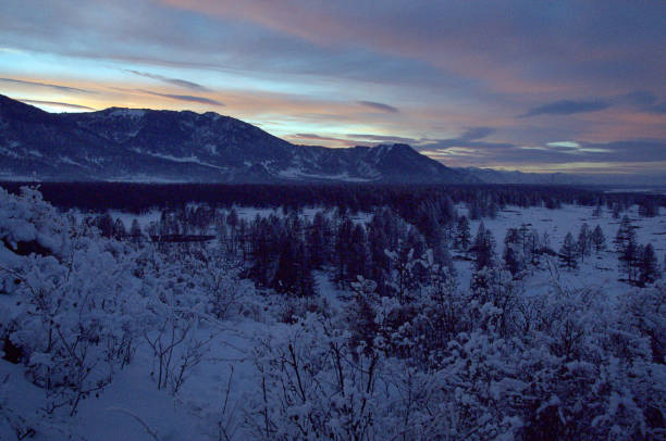 istock Cold snowy mountain landscape at sunset. 2080939891