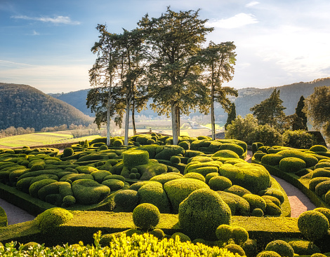 VÃ©zac, Nouvelle-Aquitaine, France - 7th March 2024 - Listed as a National Historical Monument, the gardens of Marqueyssac are the most visited in south west France and have over 150,000 boxwood hedges and panoramic views over the Dordogne valley